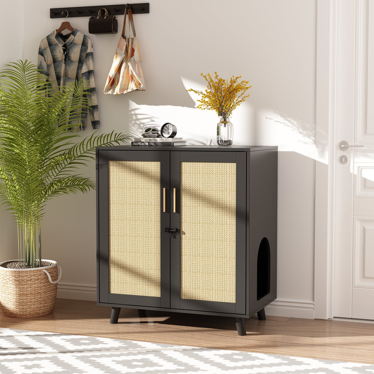 NARTRU Cat Wooden Litter Box Enclosure with Scratching Doors for Cat Litter Boxes, Black