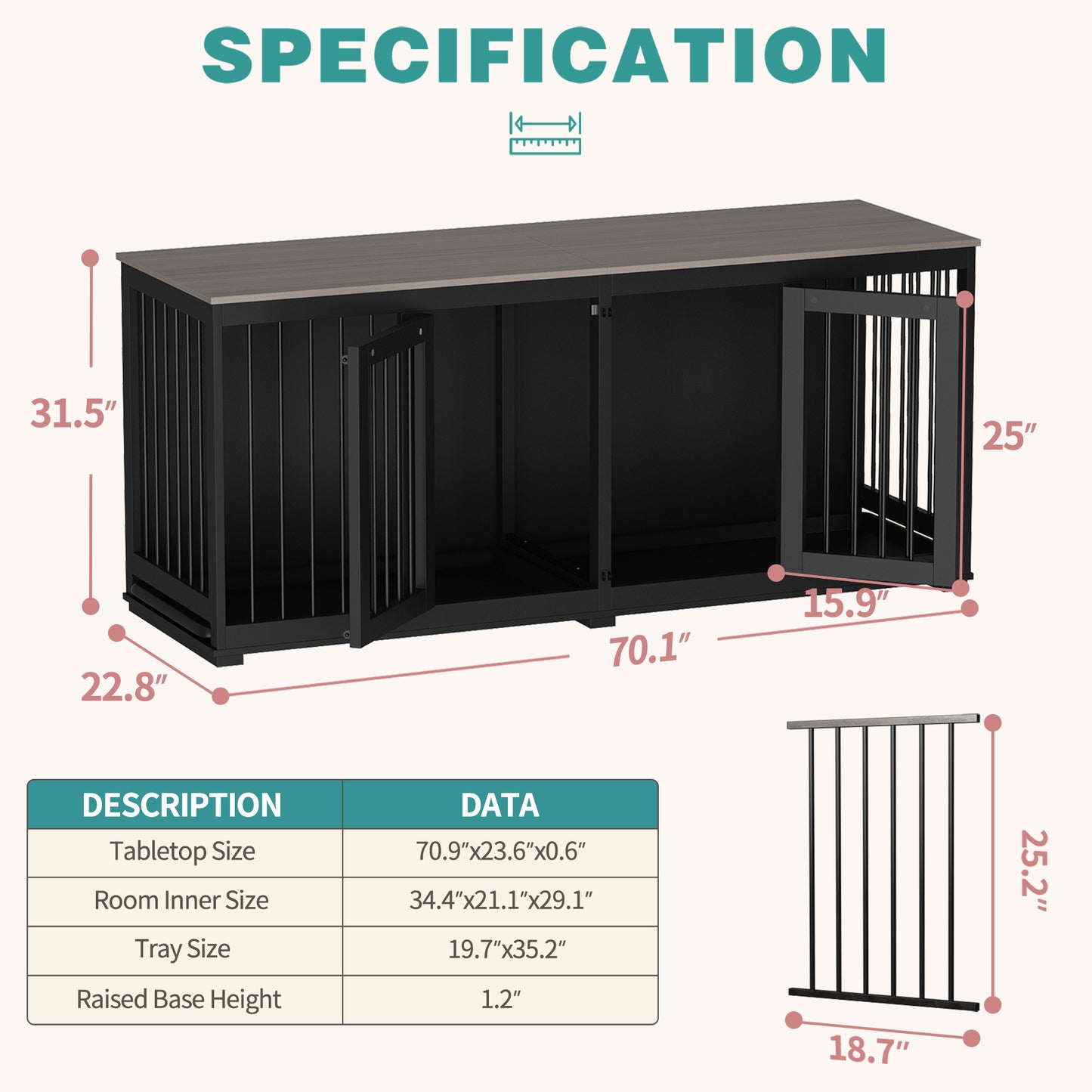 NARTRU 70.9" Large Double Dog Crate Kennel Furniture with Trays and Divider for Dogs Indoor, Black