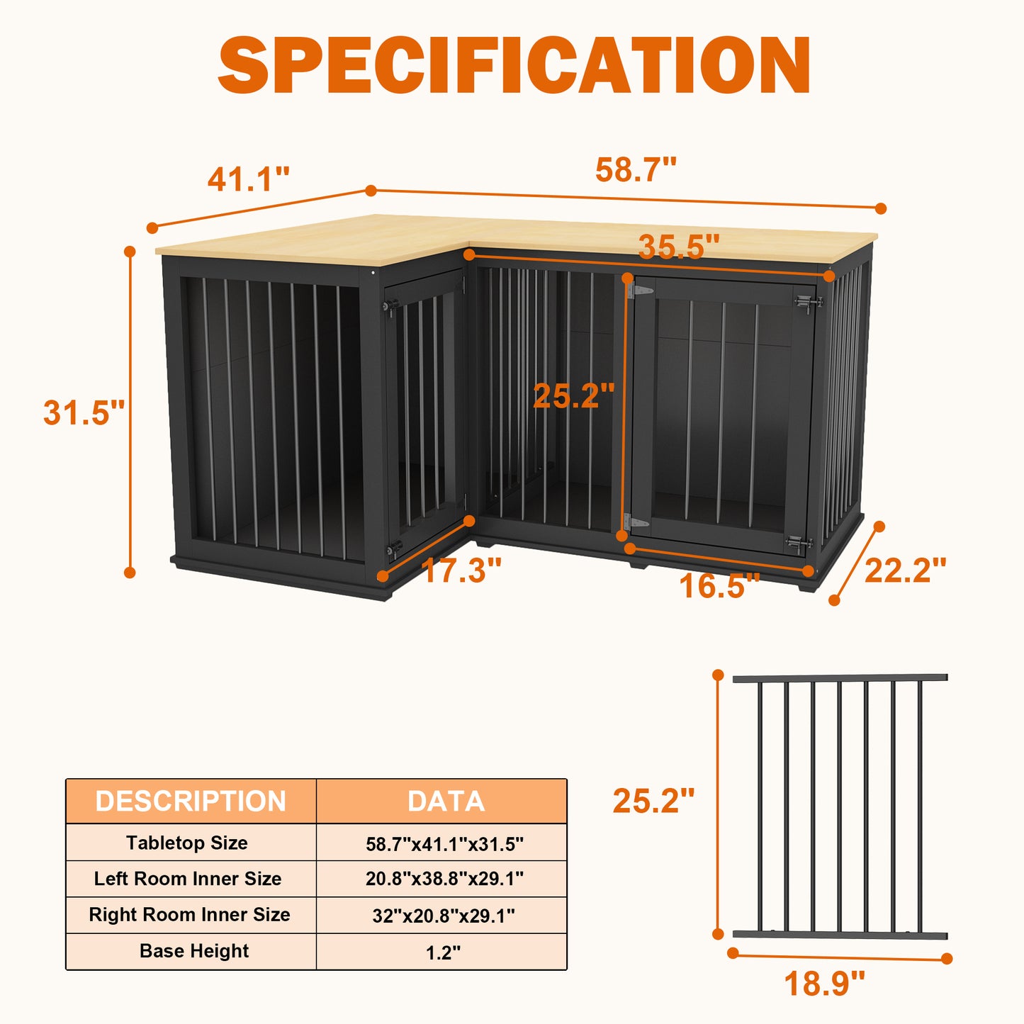 NARTRU Large Corner Dog Crate Furniture, Wooden L Shaped Double Dog Crate Kennel Furniture with Divider, XXL Heavty Duty Dog Crates Furniture for 2 Medium or Large Dogs Indoor, Black