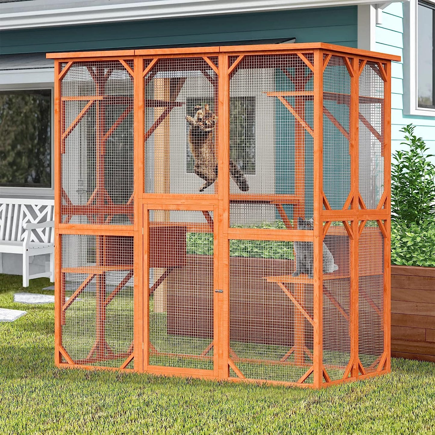 NARTRU Large Wooden Outdoor Cat Catio Enclosure, Large Cat House with Weather Protection, Walk in Cat Cage Condo with Super Large Enter Door ( Orange )