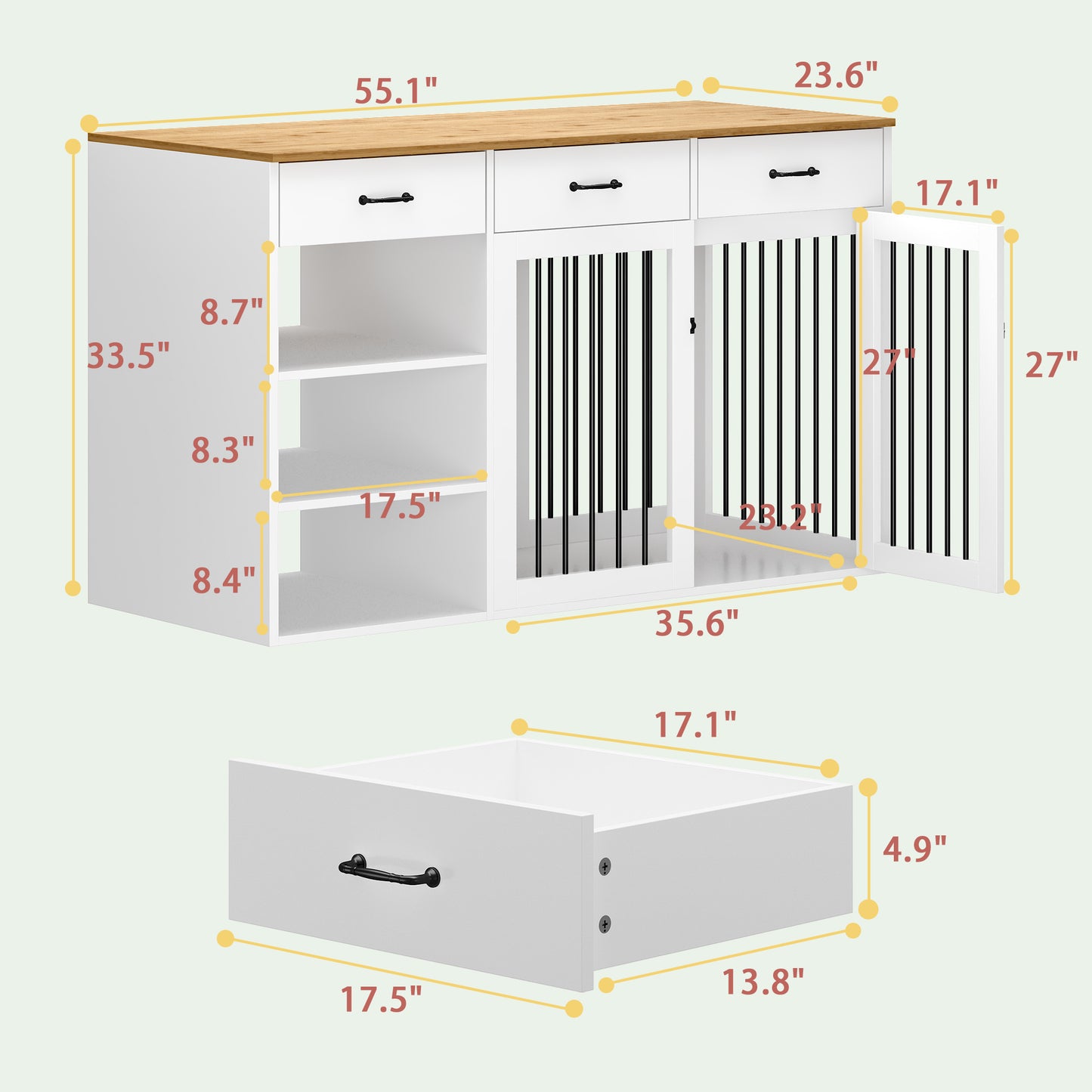 NARTRU Large Dog Crate Furniture, 55.1 Inch Wooden Dog Kennel Furniture with 3 Drawers and Shelves for Small Medium Large Dog, White