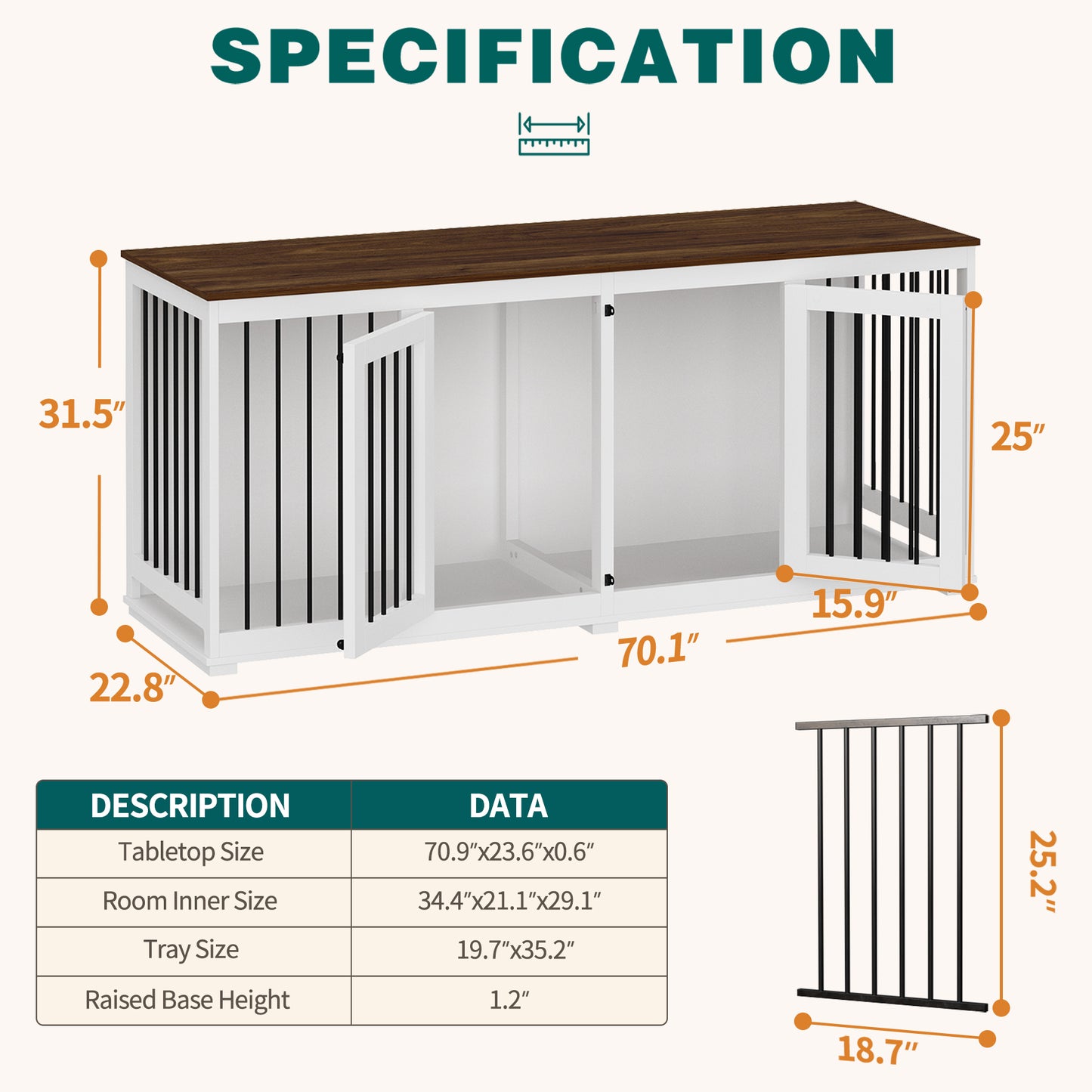 NARTRU 70.9" Large Double Dog Crate Kennel Furniture with Divider and Trays for Small Medium Large Dogs Indoor, White
