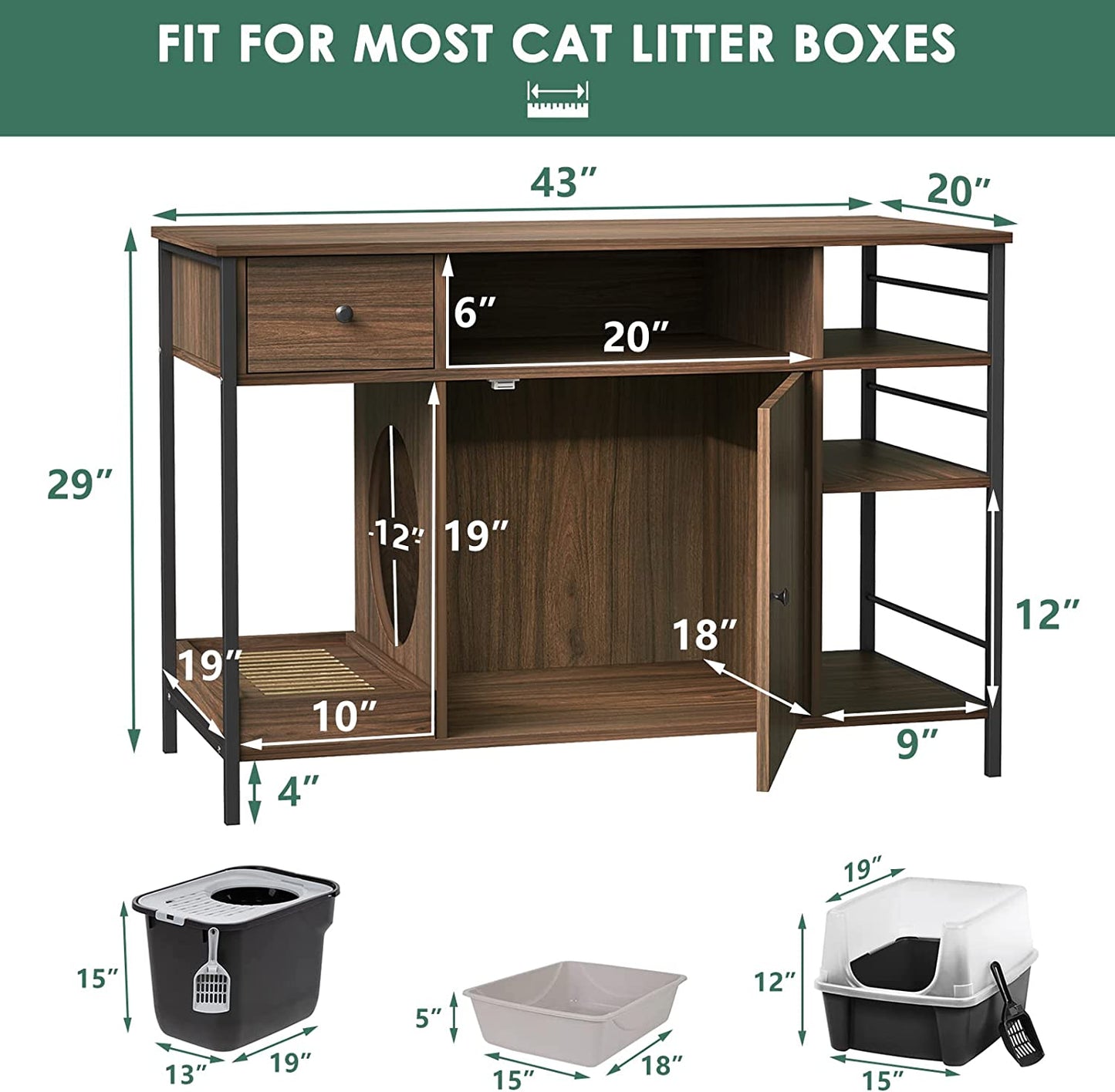 NARTRU 6 in 1 Wooden Cat Litter Box Enclosure Furniture with Litter Filter, Drawer and Shelves for Litter Boxes