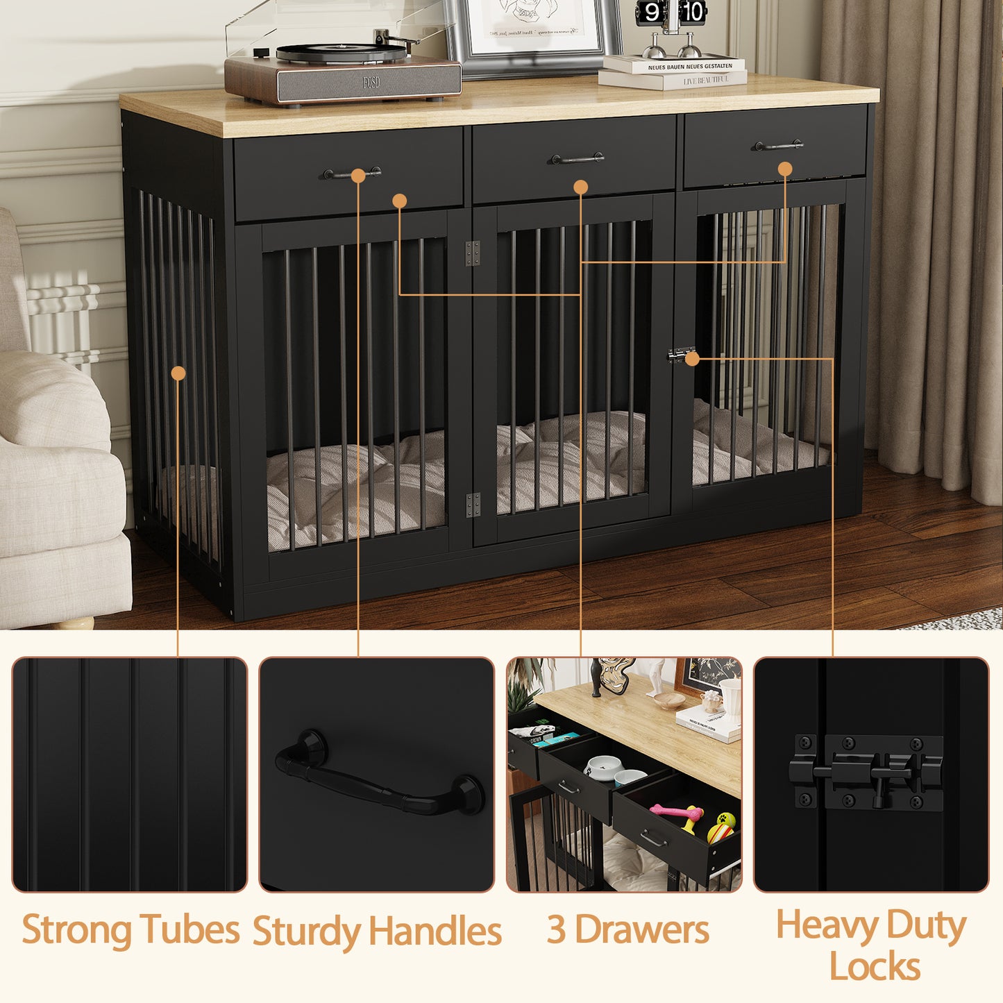 NARTRU 55.3" Dog Crate Kennel Cage Furniture with 3 Drawers for Small, Medium and Large Dog, Black