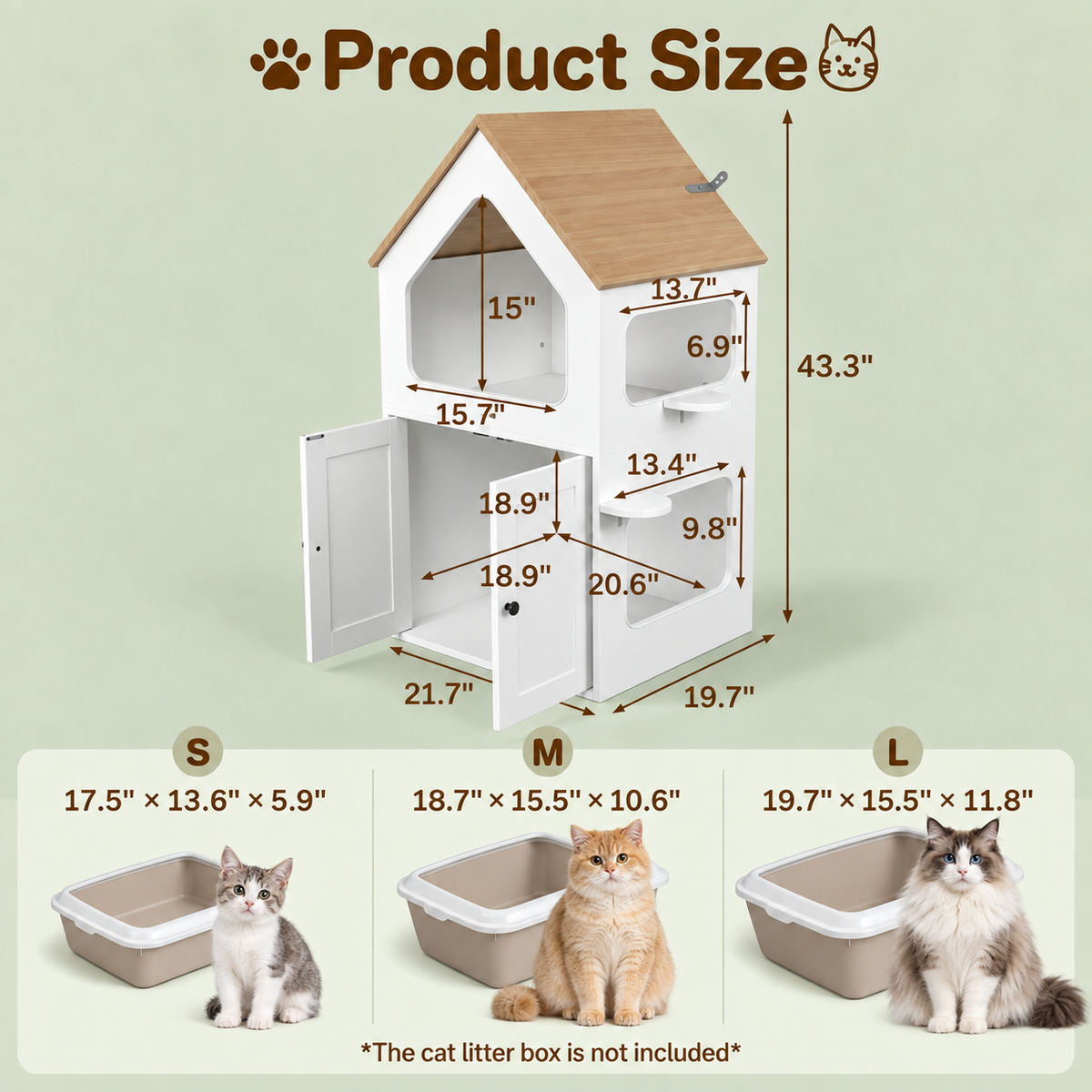 NARTRU Cat Litter Box Enclosure House, 43.3"H ×21.7"W ×19.7"D, Multi-Tier Cat Condo with Front Door & Platforms, White Wooden Hidden Cat Washroom for Indoor Cats