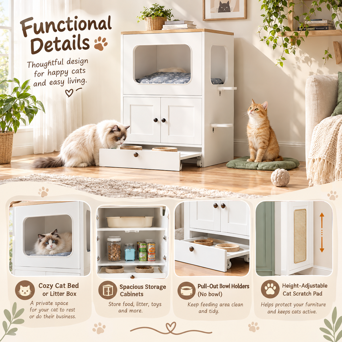 NARTRU Multi-Functional Pet Cabinet, 21.6”W X 17.7”D X 31.5”H, Multi Storage Drawer, Side Cat Perch, Rolling Wheels, White & Oak, Indoor Home Pet House