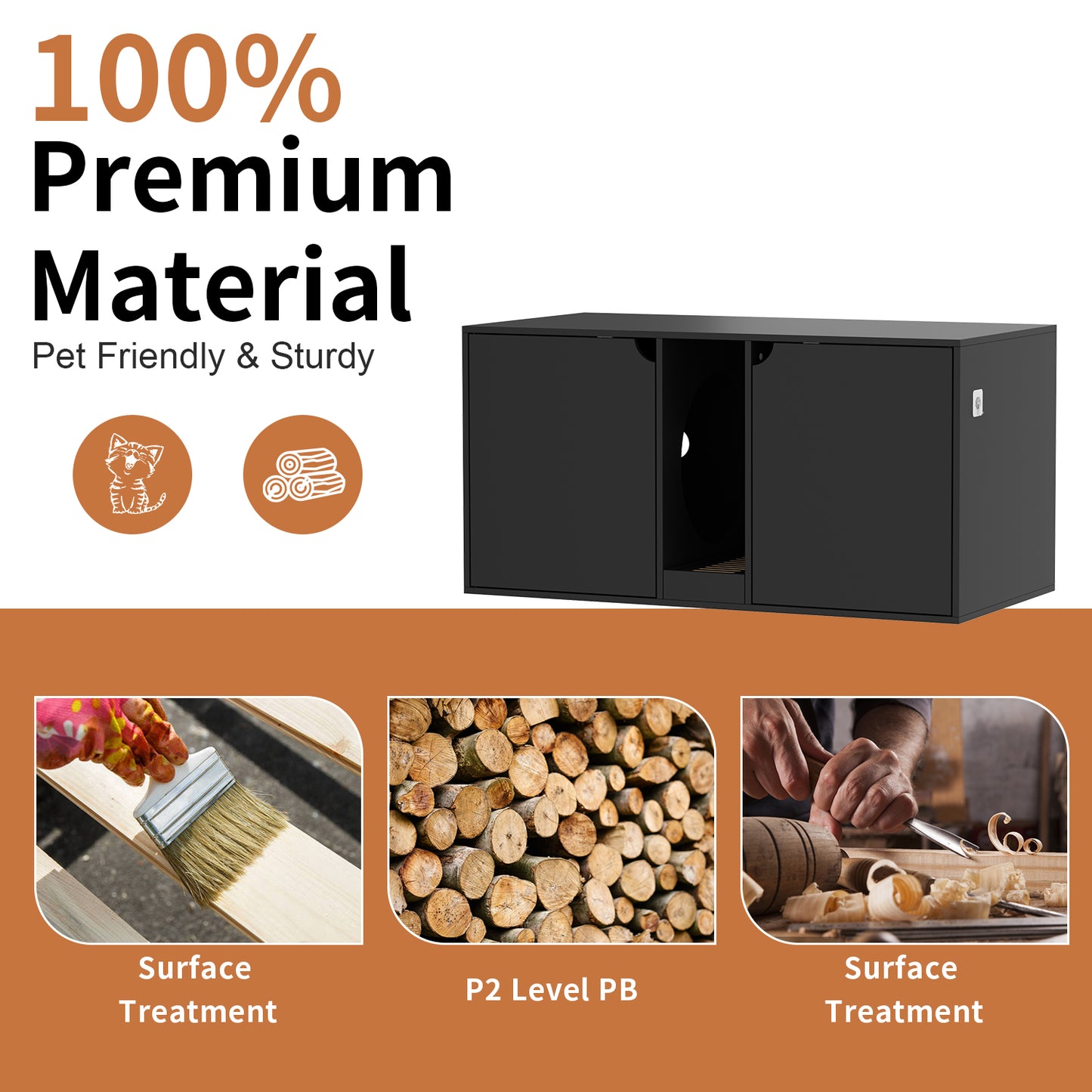 NARTRU 47.2" Wooden Large Double Cat Litter Box Enclosure Furniture with Litter Filter for 2 Cats, Black