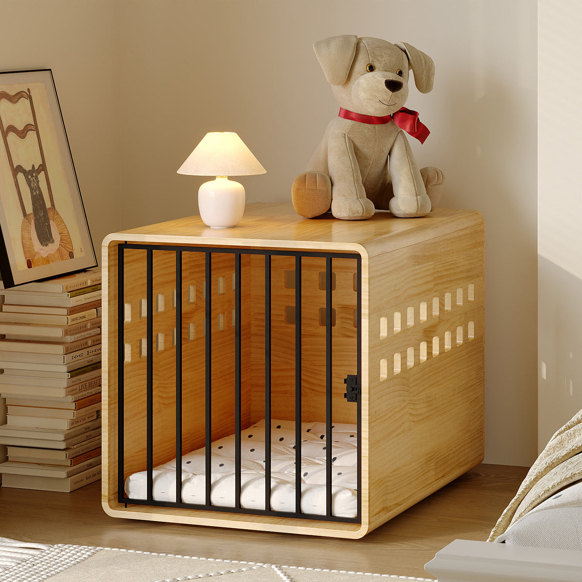 NARTRU 30" Natural Pinewood Dog Crate End Table, Heavy Duty Indoor Kennel for Small Dogs, Pet Furniture for Bedroom Living Room