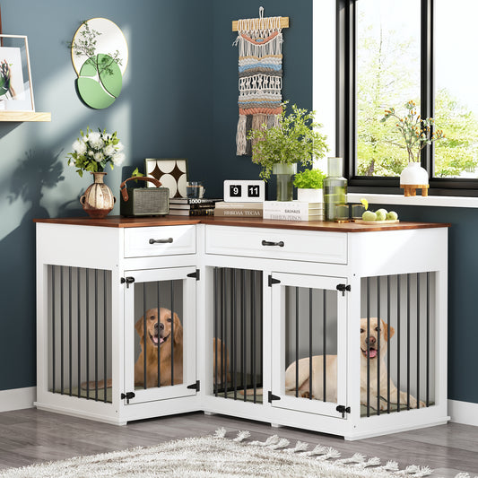 NARTRU Large Corner Dog Crate Furniture, Wooden L Shaped Double Dog Crate Kennel Furniture with 2 Drawers and Divider, XXL Heavty Duty Dog Crates Furniture for 2 Medium or Large Dogs Indoor, White