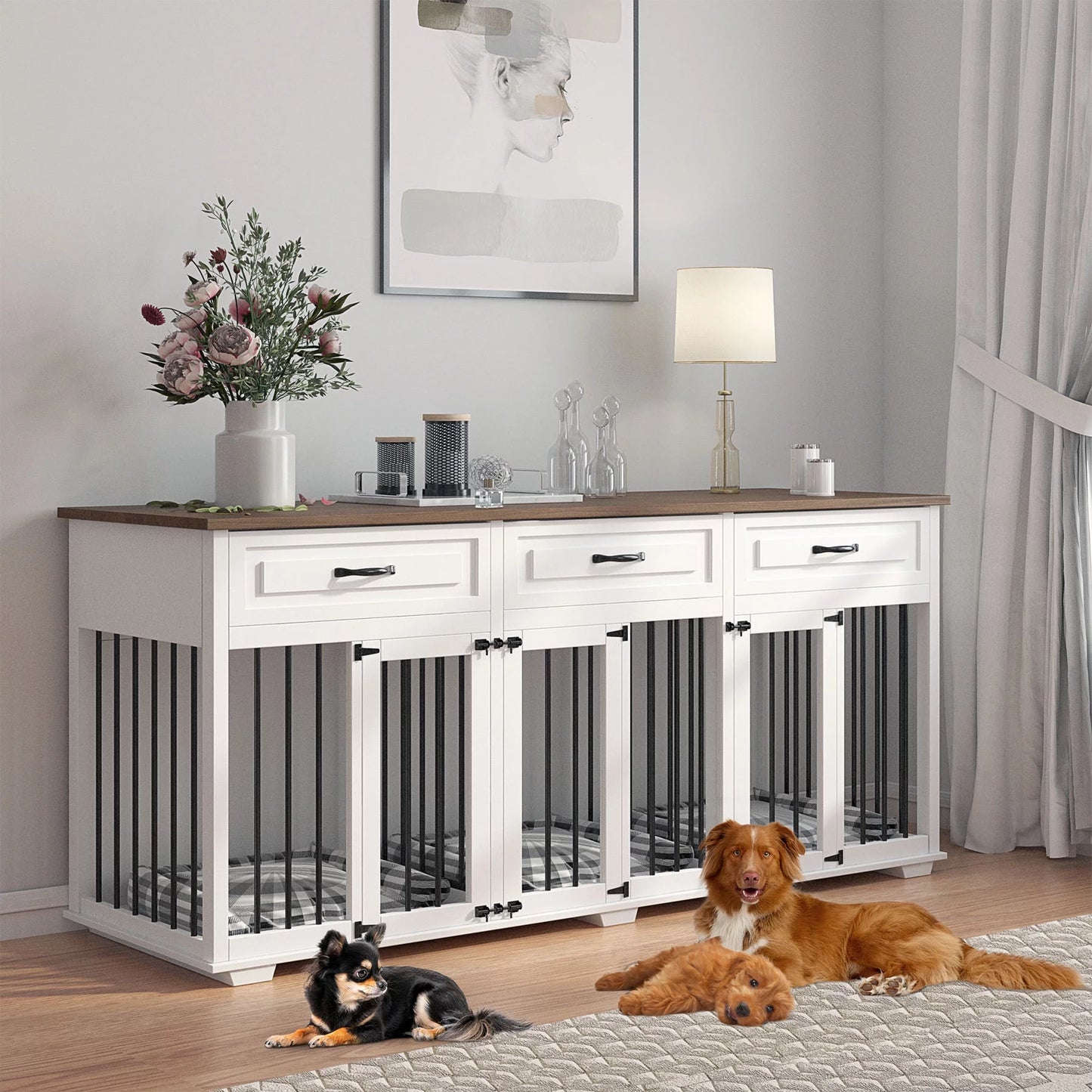 NARTRU Large Dog Crate Furniture with Drawers, Wood Dog Kennel with Lockable Door, 71" Wide