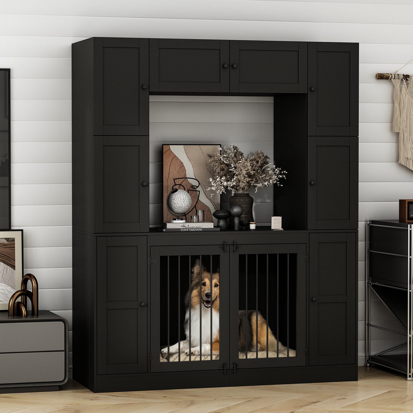 NARTRU Large Dog Crate Furniture Cabinet with 7 Storage Shelves with Doors for Small, Medium or Large Dog, Black