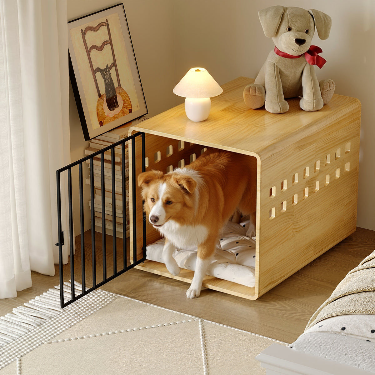 NARTRU 30" Natural Pinewood Dog Crate End Table, Heavy Duty Indoor Kennel for Small Dogs, Pet Furniture for Bedroom Living Room