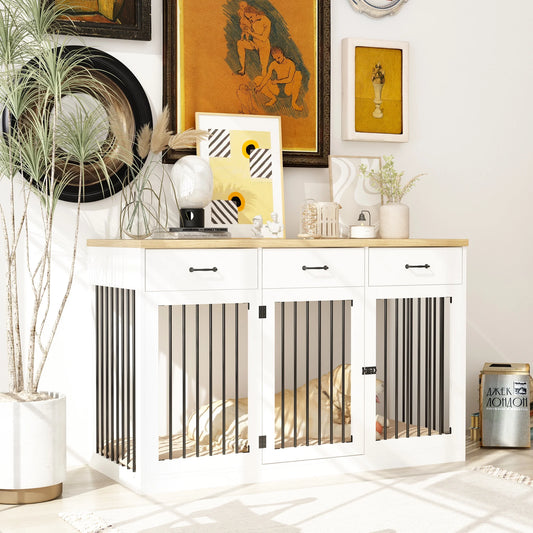 NARTRU 55.3" Dog Crate Kennel Cage Furniture with 3 Drawers for Small, Medium and Large Dog, White