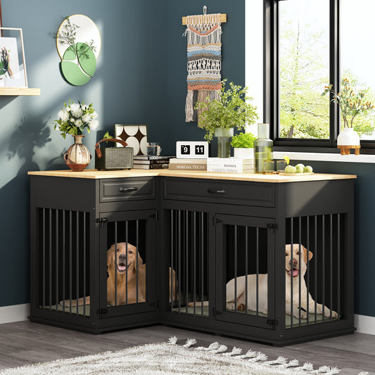 NARTRU Large Corner Dog Crate Furniture, Wooden L Shaped Double Dog Crate Kennel Furniture with 2 Drawers and Divider, XXL Heavty Duty Dog Crates Furniture for 2 Medium or Large Dogs Indoor, Black