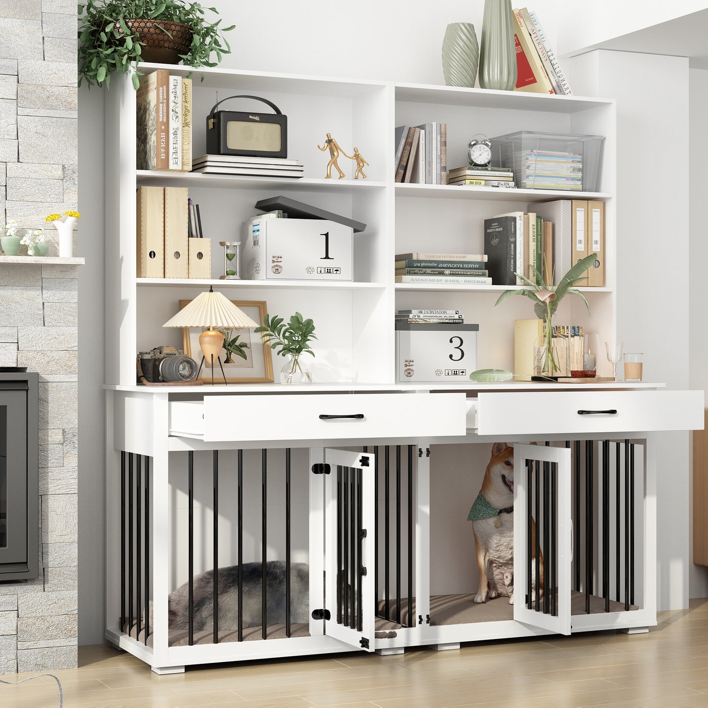 NARTRU Large Dog Crate Furniture Cabinet with Divider, 2 Drawers and 6 Shelves for 2 Small or Medium Dog, White