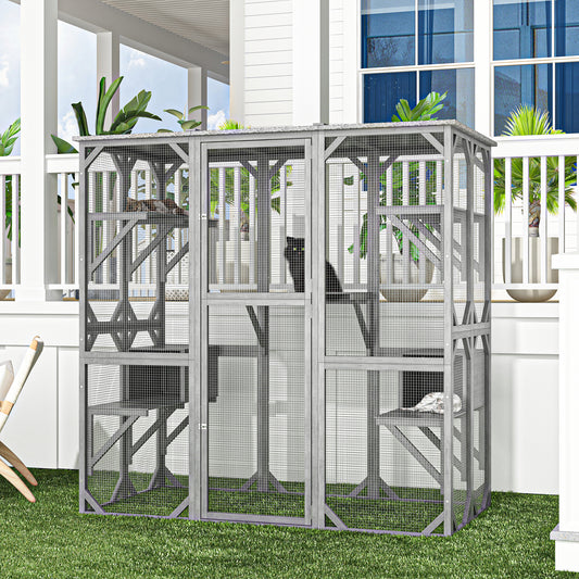 NARTRU 71" Outdoor Wooden Cat House Catio Cage Enclosure, Weatherproof Walk-in Cat Kennel Condo with 7 Platforms and 2 Resting Boxes, Gray