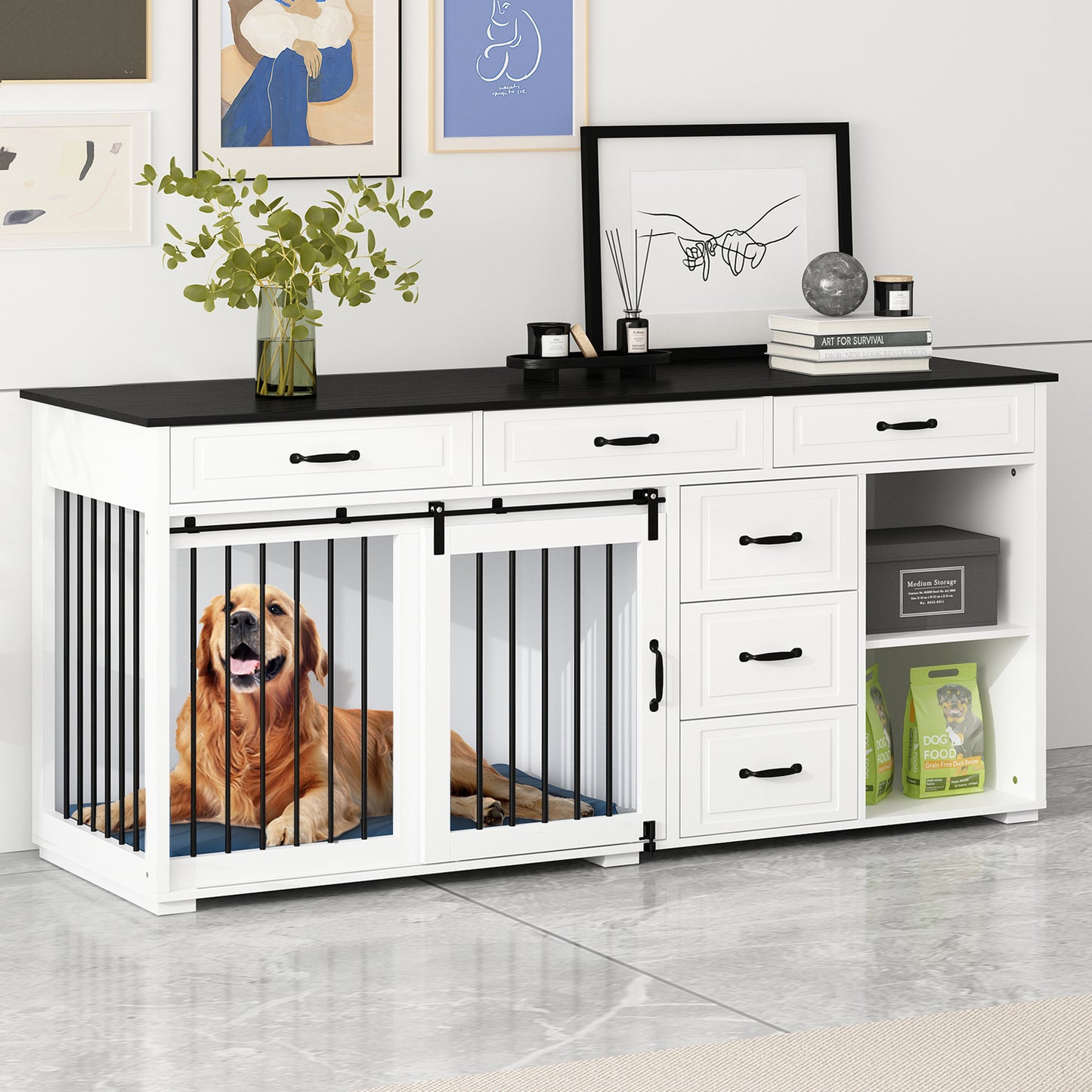 NARTRU 72.5" Large Wooden Dog Crate Kennel Furniture with Sliding Door, Storage Shelves and Drawers for Small, Medium and Large Dog