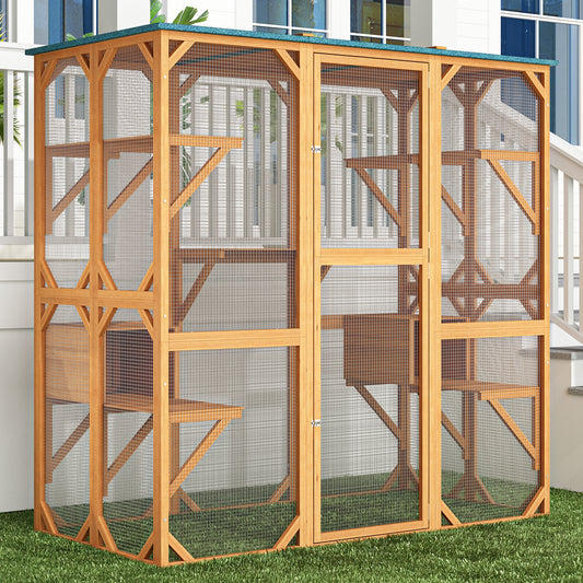 NARTRU Outdoor Cat House Catio, 71" Large Wooden Cats Catio Cat Cage Enclosure, Weatherproof Walk-in Cat Kennel Condo with 7 Platform and 2 Resting Box, Orange