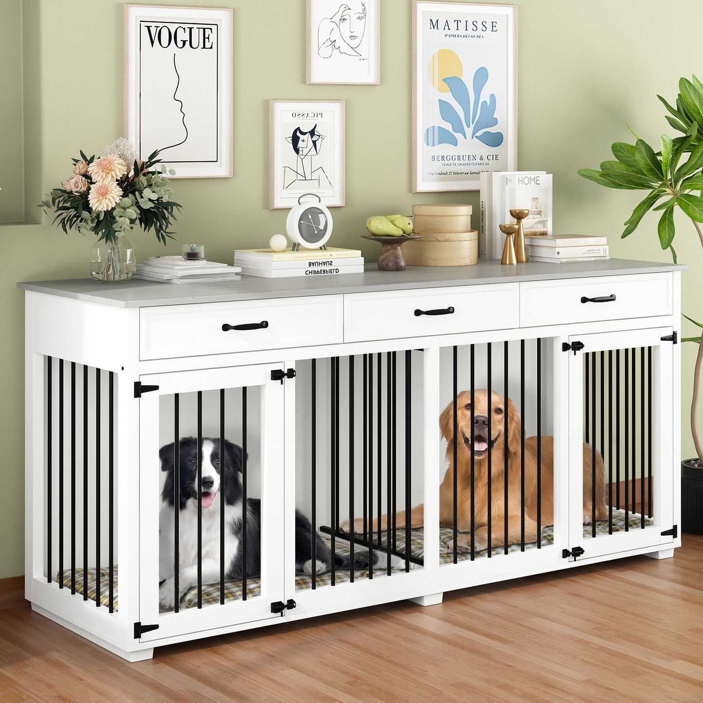 NARTRU 72.5" Large Double Dog Crate Kennel Furniture with 3 Drawers and Divider for Large Dog or 2 Medium Dogs Indoor