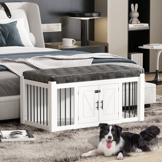 NARTRU Dog Crate Furniture with Bench, Wooden Dog Kennel for Entrance Bedroom