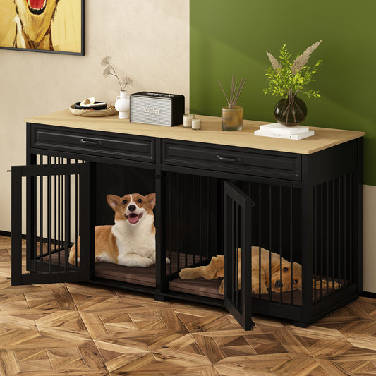 NARTRU 64.6" Large Double Dog Crate Kennel Furniture with Divider and 2 Drawers for 2 Small or Medium Dogs Indoor, Black