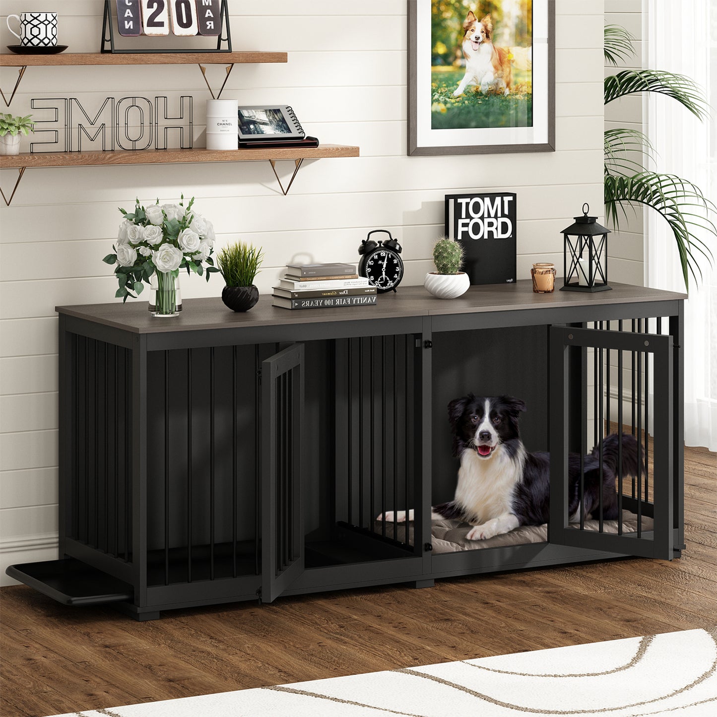 NARTRU 70.9" Large Double Dog Crate Kennel Furniture with Trays and Divider for Dogs Indoor, Black