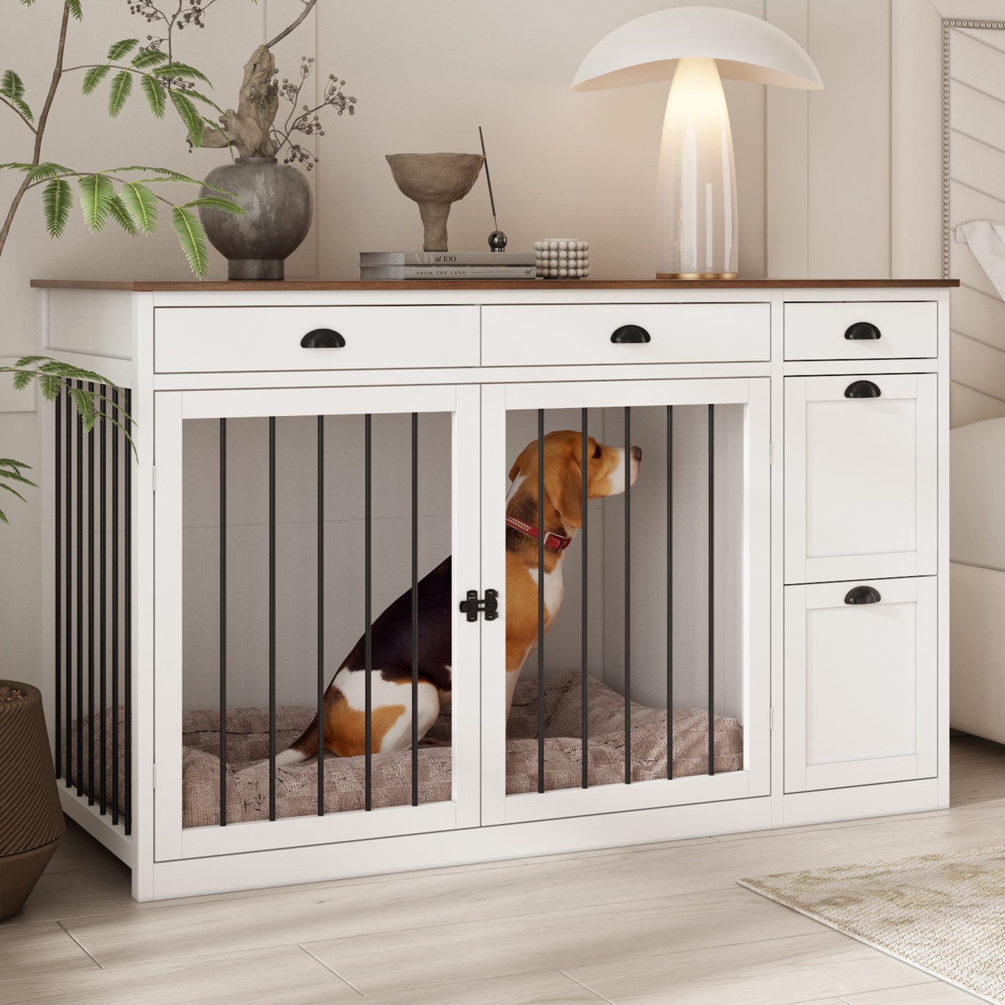 NARTRU 63" Large Wooden Dog Crate Kennel Furniture with 5 Drawers for Small, Medium and Large Dog