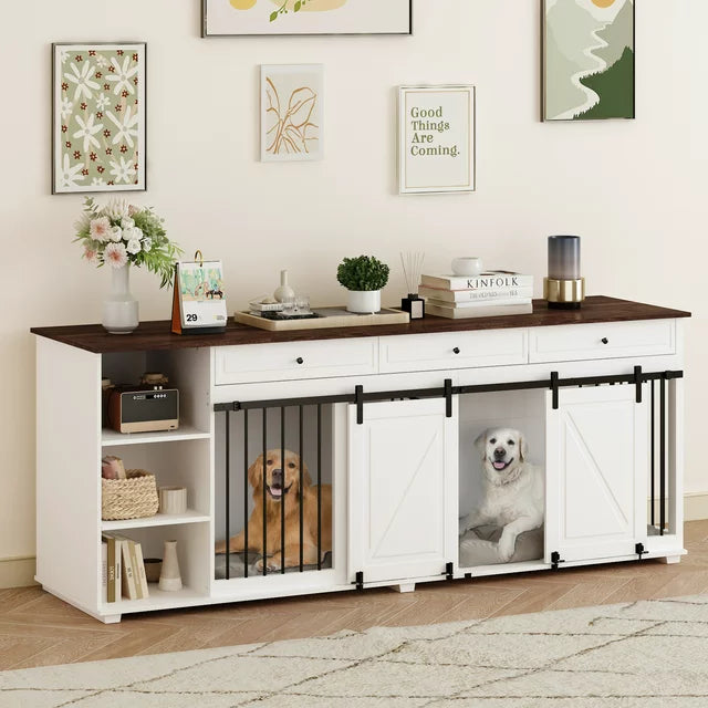 NARTRU Large Dog Crate Furniture with Sliding Door, 86.6" Wooden Double Dog Crate Kennel Furniture with Open Shelves Drawers and Divider