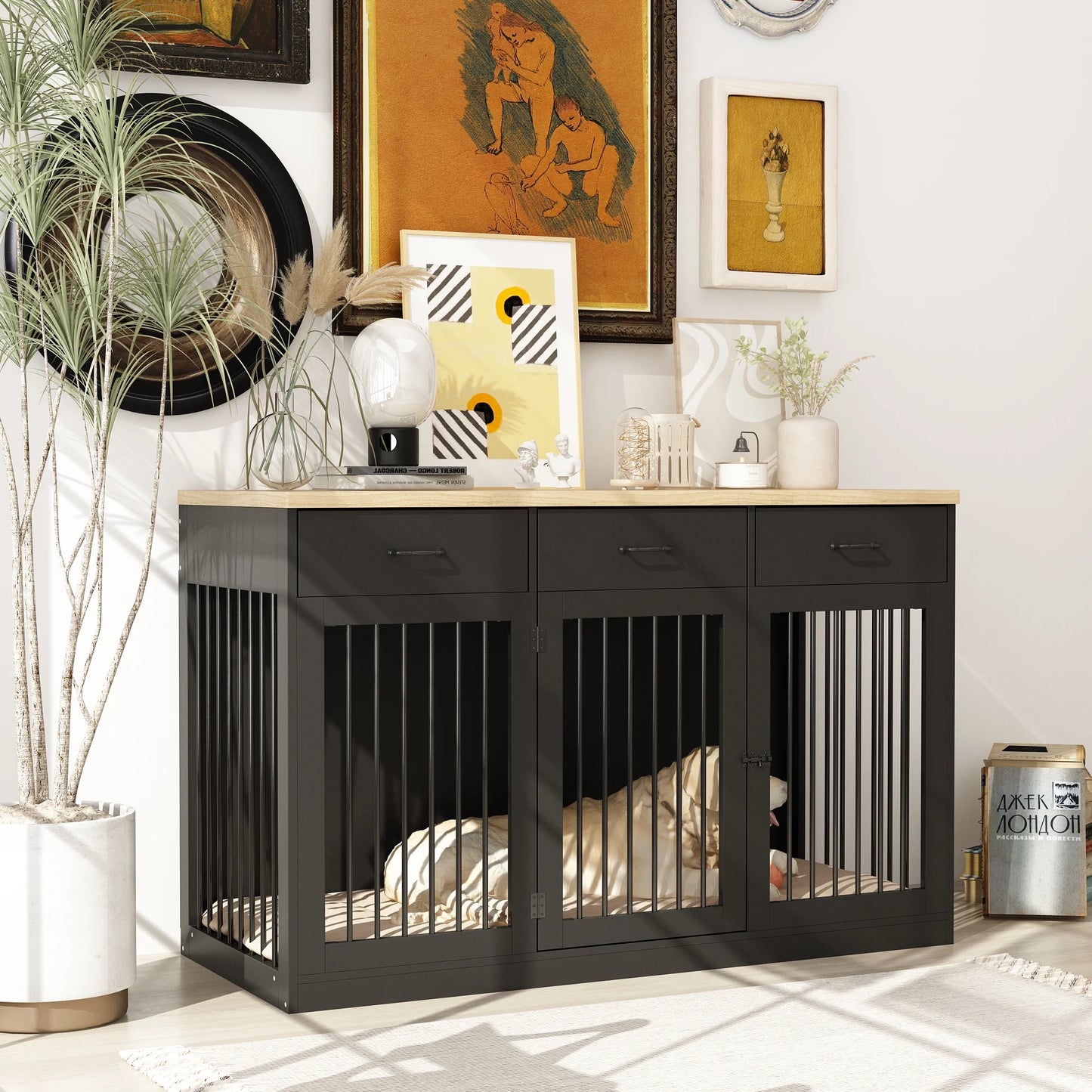 NARTRU 55.3" Dog Crate Kennel Cage Furniture with 3 Drawers for Small, Medium and Large Dog, Black