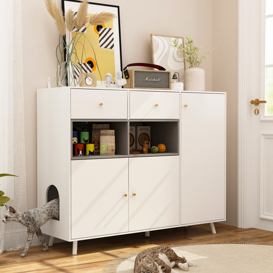 NARTRU 2 in 1 Cat Litter Box Enclosure Furniture Storage Cabinet with 2 Drawers and Adjustable Shelves for Living Room Bedroom, White