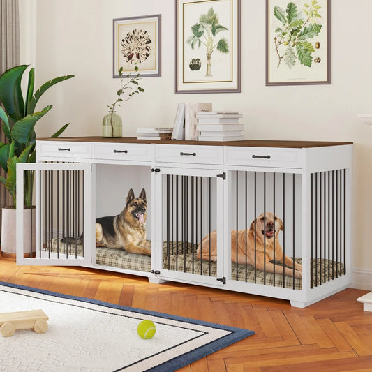 NARTRU 92.9" Large Dog Crate Furniture, Wooden Dog Kennel with 4 Drawers