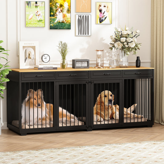 NARTRU 92.9" Large Dog Crate Kennel Furniture with 4 Drawers for Large Dogs, Black