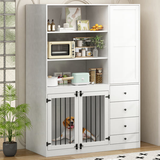 NARTRU Dog Crate Furniture Cabinet with Dog Bowls, Drawers and Shelves for Small, Medium or Large dog, White