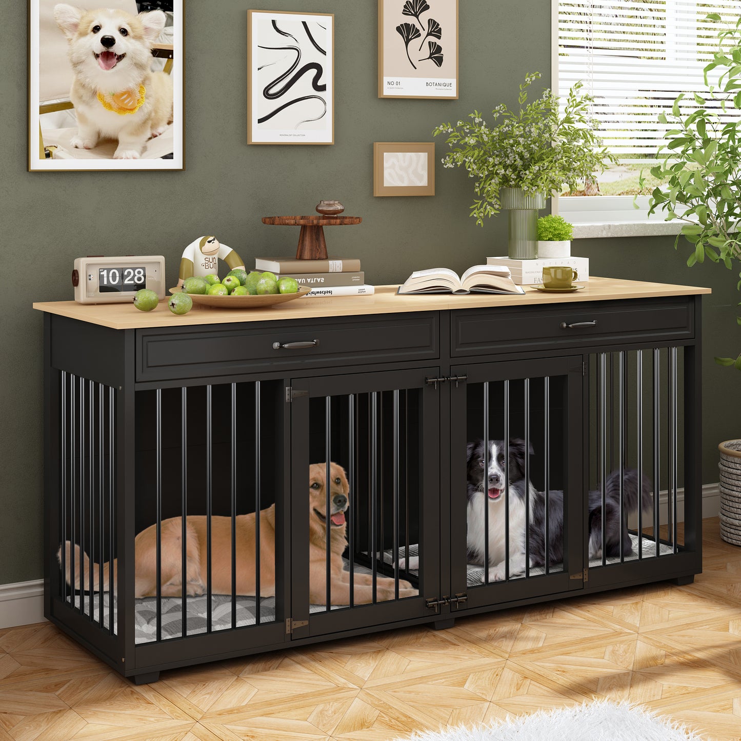 NARTRU Large Double Dog Crate Furniture, 72.4" Wooden Dog Crate Furniture with Divider and 2 Drawers, XXL Heavty Duty Dog Crates Furniture for 2 Medium or Large Dogs Indoor, Black