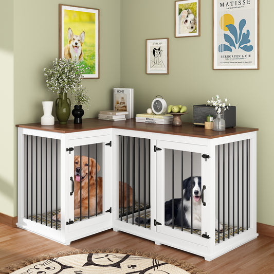 NARTRU Large Corner Dog Crate Furniture, Wooden L Shaped Double Dog Crate Kennel Furniture with Divider, XXL Heavty Duty Dog Crates Furniture for 2 Medium or Large Dogs Indoor, White