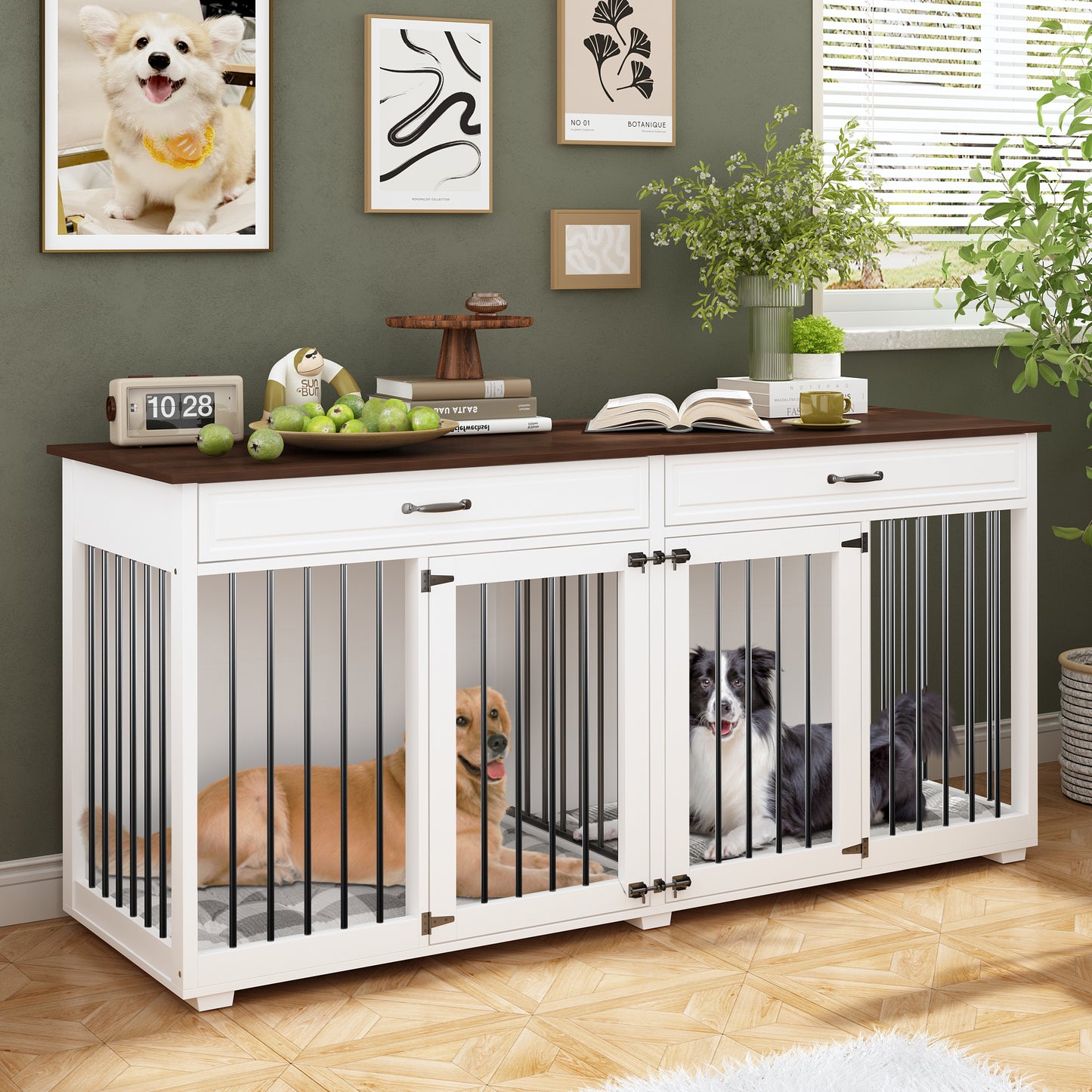 NARTRU Large Dog Crate Furniture, 72.4" Wooden Dog Crate Kennel with 2 Drawers for Indoor, White+Walnut Tabletop