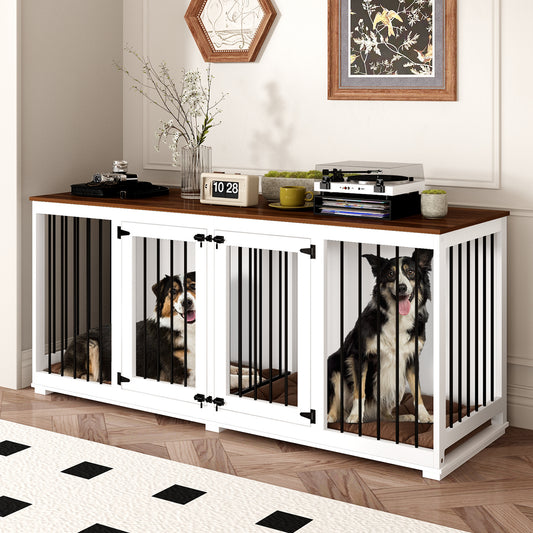 NARTRU Large Double Dog Crate Furniture, 70.9" Dog Kennel Furniture with Divider for Small Medium Large Dogs Indoor, White