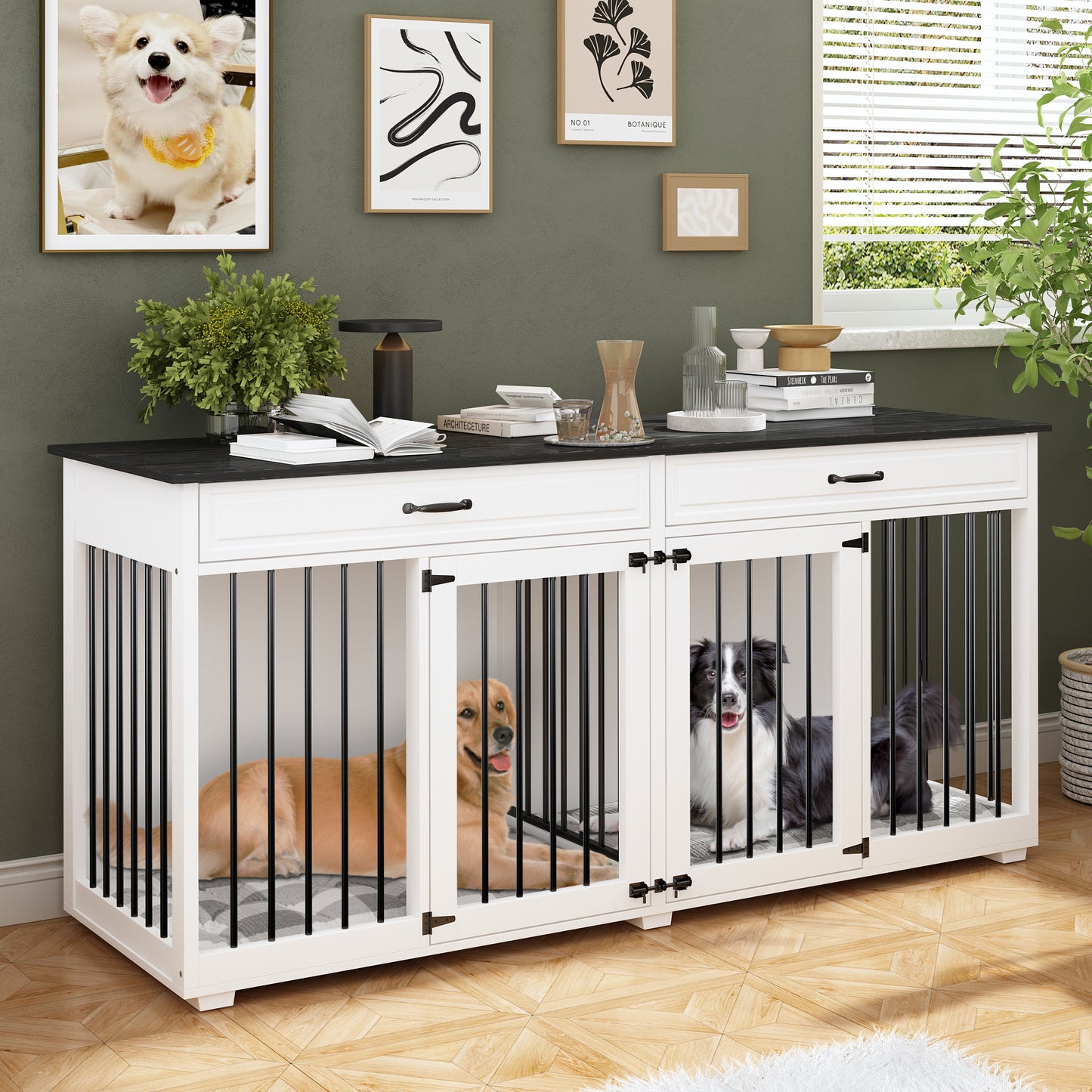 NARTRU Large Double Dog Crate Furniture, 72.4" Wooden Dog Crate Furniture with Divider and 2 Drawers, XXL Heavty Duty Dog Crates Furniture for 2 Medium or Large Dogs Indoor, White+Black Tabletop