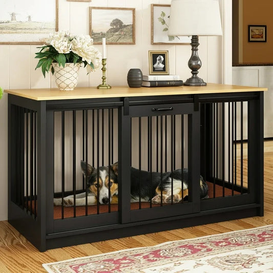 NARTRU 55.1" Dog Crate Kennel Cage Furniture with Sliding Door for Small, Medium and Large Dog, Black