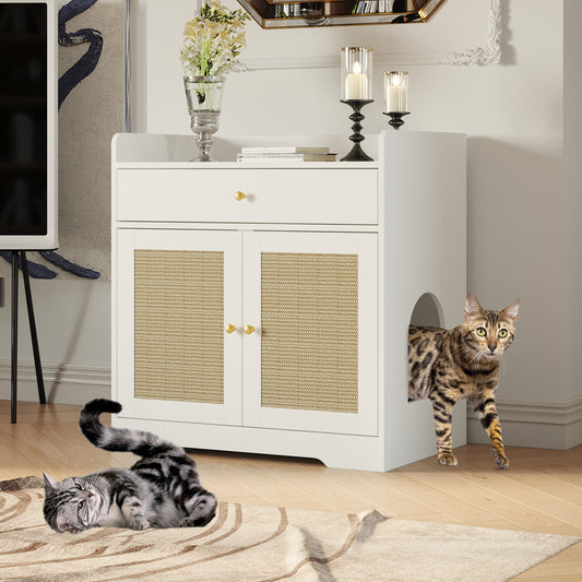 NARTRU Large Cat Litter Box Enclosure Furniture Cabinet with Scratching Pads and Drawer for Cats, White