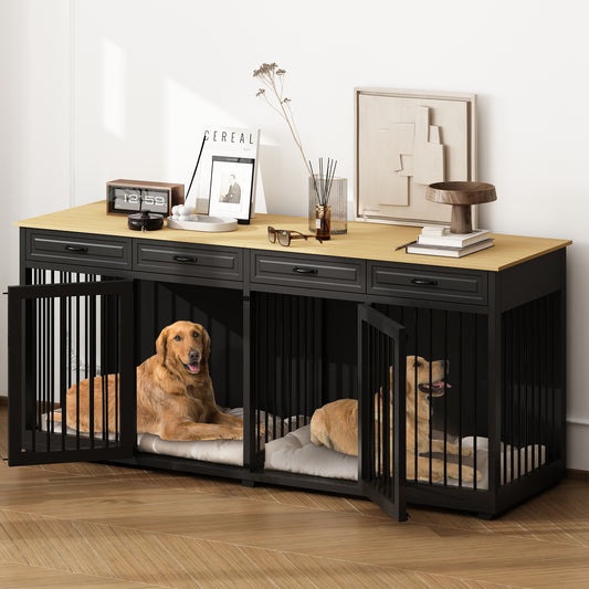 NARTRU 86.6" Large Double Dog Crate Kennel Furniture with Divider and 4 Drawers for 2 Large Dogs Indoor, Black