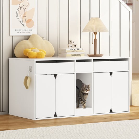 NARTRU Cat Litter Box Furniture with Drawers, Wood Cat Washroom Cat House, White