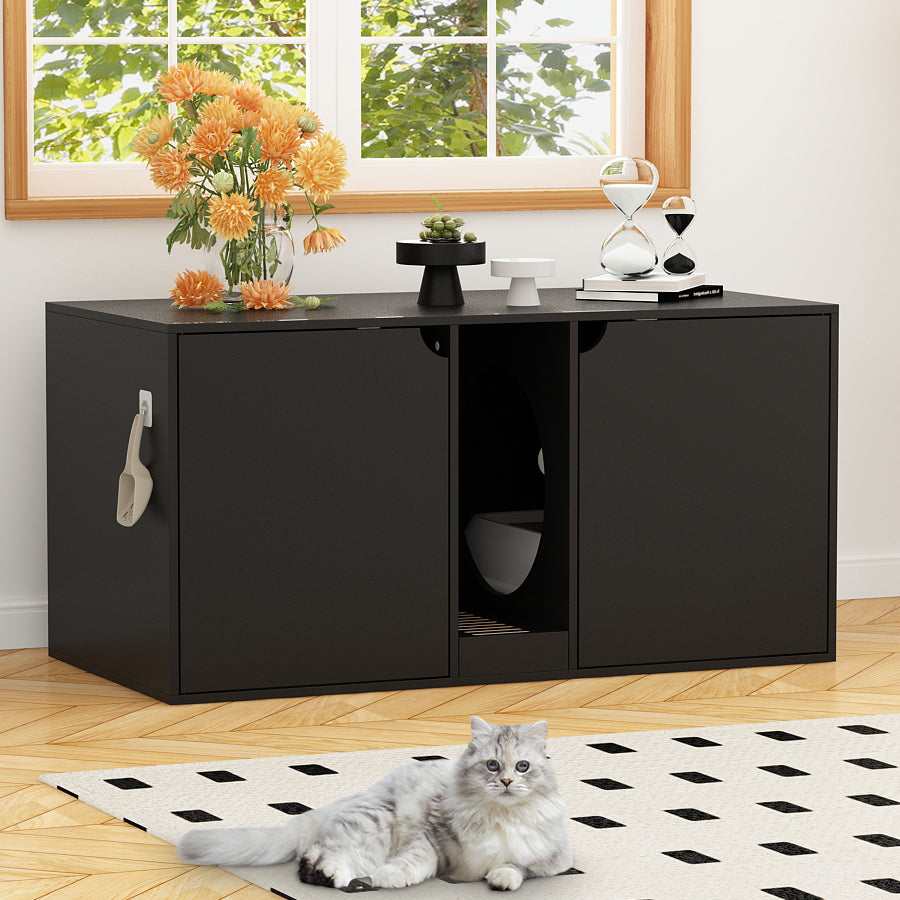 NARTRU 47.2" Large Double Cat Litter Box Enclosure Hidden Litter Box Furniture Cabinet Wooden Cat Washroom with Litter Filter for 2 Cats, Black