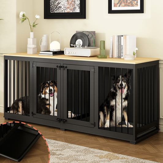 NARTRU 70.9" Large Double Dog Crate Kennel Furniture with Removable Trays and Divider for Small Medium Large Dogs Indoor, Black