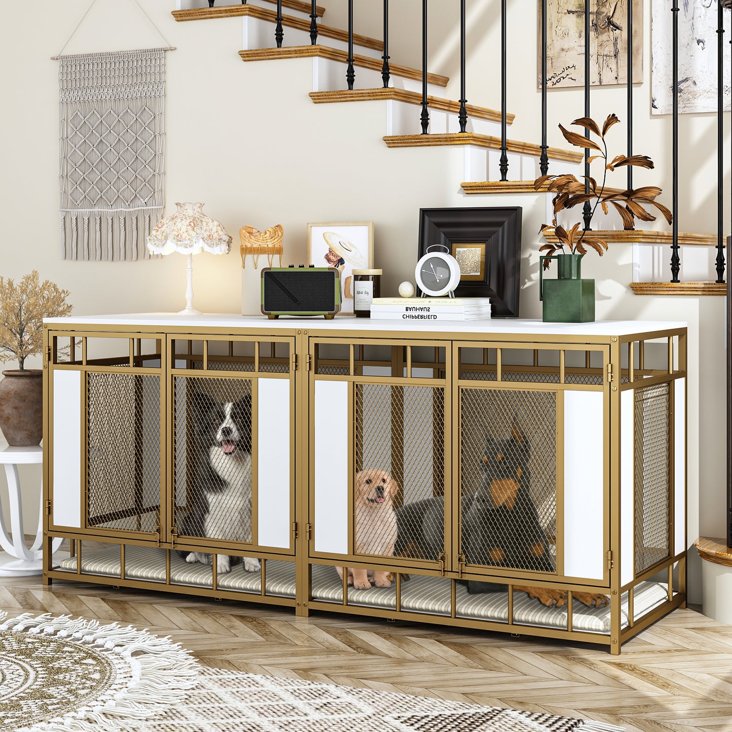 NARTRU 70.9" Wooden Dog Kennel, Heavy Duty Extra Dog Crate Furniture for Large Medium Dog, Gold & White