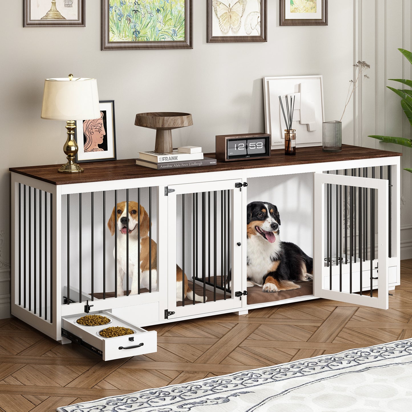 NARTRU Large Double Dog Crate Furniture, 86.6" Wooden Dog Crate Kennel Furniture with 4 Dog Bowls and Divider, Heavy Duty Dog Crates Cage Furniture for Large Dog or 2 Medium Dogs Indoor, White