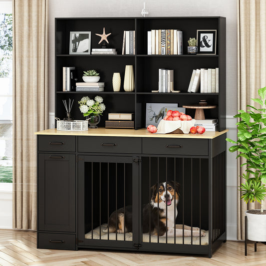 NARTRU Large Dog Crate Furniture with Storage, Wooden Dog Crate Cabinet with Dog Bowls, Dog Food Storage, Drawers and Shelves for Small, Medium or Large dog, Black