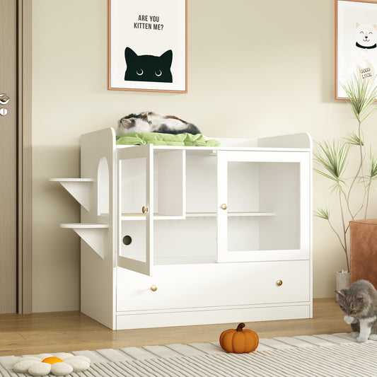 NARTRU Large Cat Litter Box Enclosure Furniture with Drawer and Runway Litter Filter for Litter Boxes, White