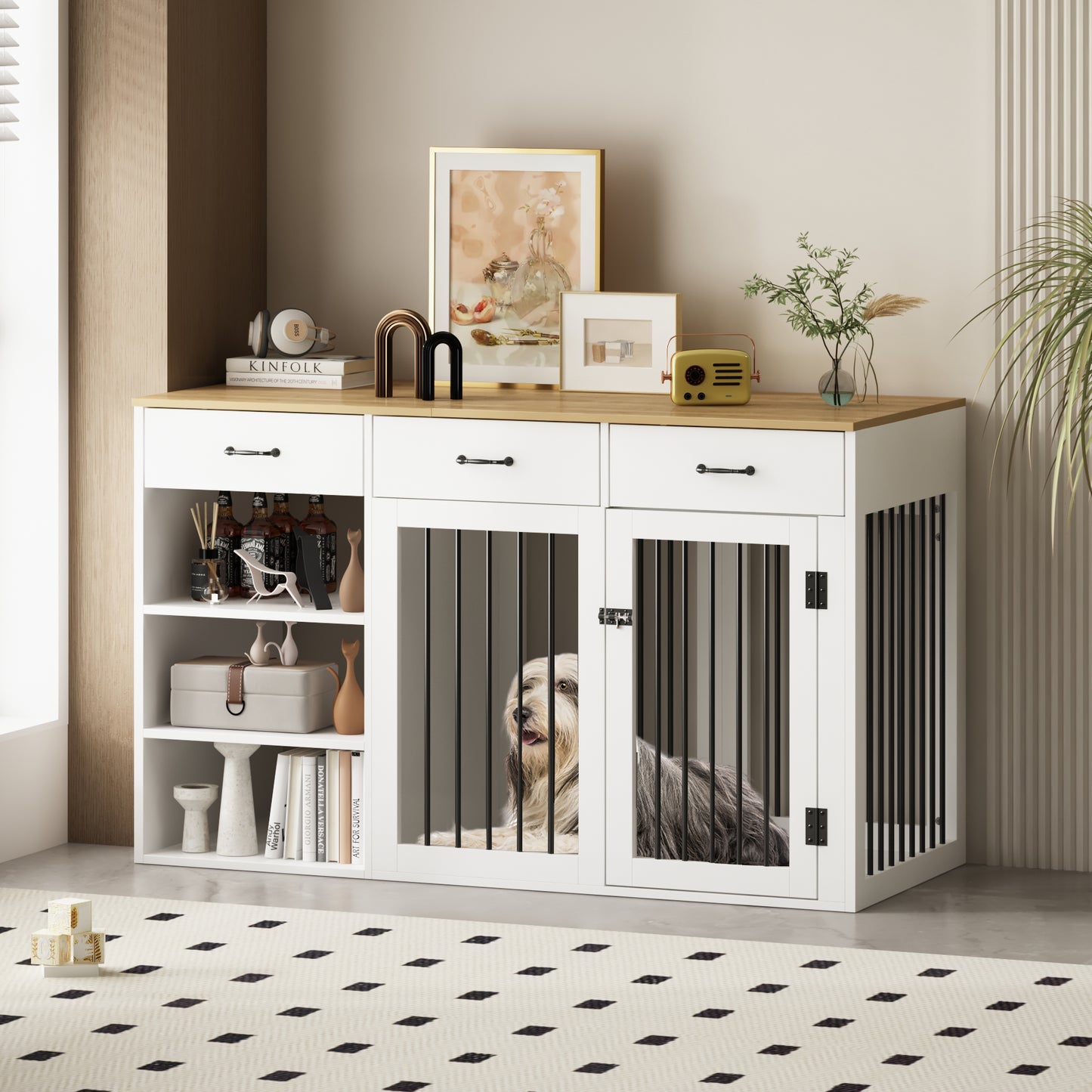 NARTRU Large Dog Crate Furniture, 55.1" Wooden Dog Kennel Furniture with 3 Drawers and Shelves for Small Medium Large Dog, White