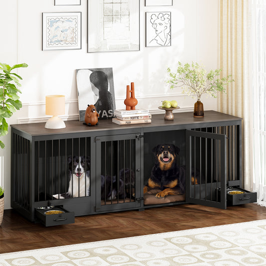 NARTRU Large Double Dog Crate Furniture, 86.6" Wooden Dog Crate Kennel Furniture with 4 Dog Bowls and Divider, Heavy Duty Dog Crates Cage Furniture for Large Dog or 2 Medium Dogs Indoor, Black